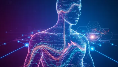 Digital human figure with glowing lines and code overlay, representing AI.