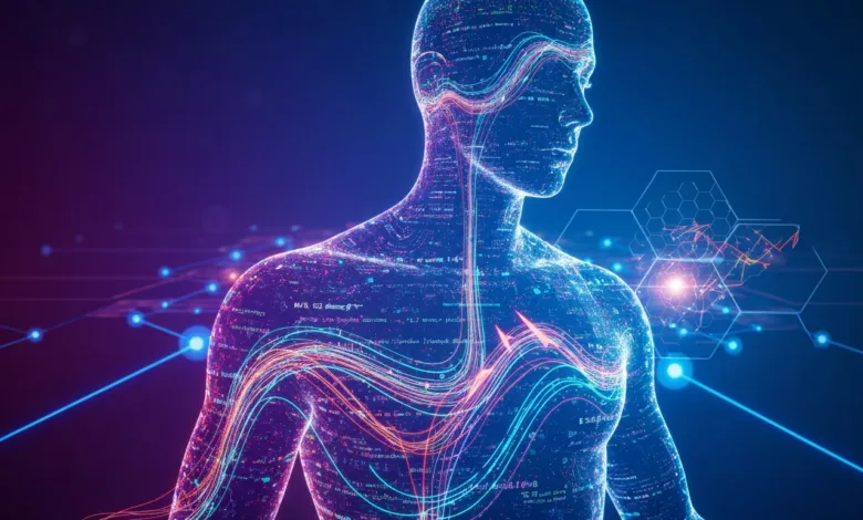 Digital human figure with glowing lines and code overlay, representing AI.