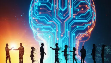 Silhouetted people stand before a glowing circuit board brain, symbolizing AI.