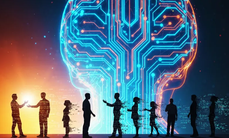 Silhouetted people stand before a glowing circuit board brain, symbolizing AI.