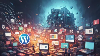 WordPress logo surrounded by floating app icons and people using laptops.