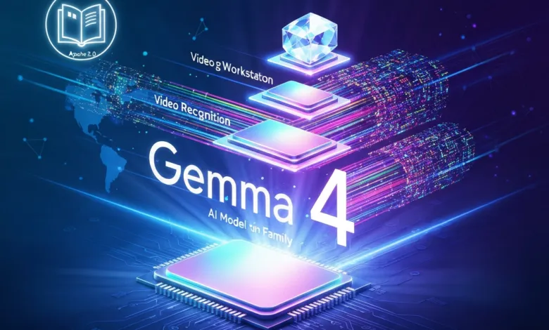 Gemma 4 AI model graphic with chips, data streams, and world map.
