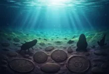 Underwater scene with fossils and silhouettes of ancient sea creatures.