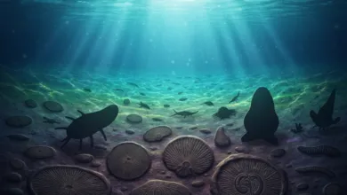 Underwater scene with fossils and silhouettes of ancient sea creatures.