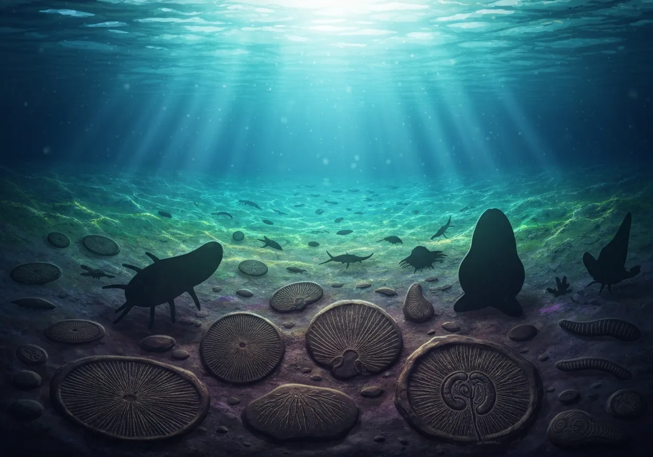 Underwater scene with fossils and silhouettes of ancient sea creatures.