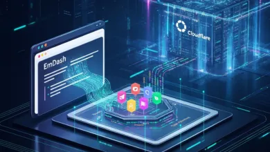 Cloudflare and EmDash interface with data flow and colorful icons.