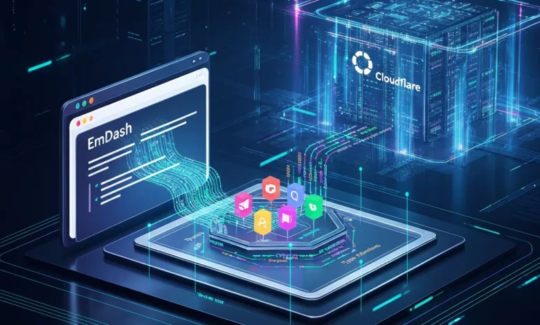 Cloudflare and EmDash interface with data flow and colorful icons.