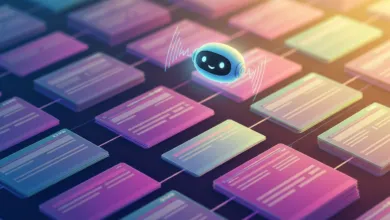 Cute AI robot floats above interconnected data cards in a digital network.