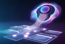 Abstract data flow with colorful streams connecting to transparent screens.