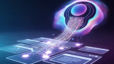 Abstract data flow with colorful streams connecting to transparent screens.