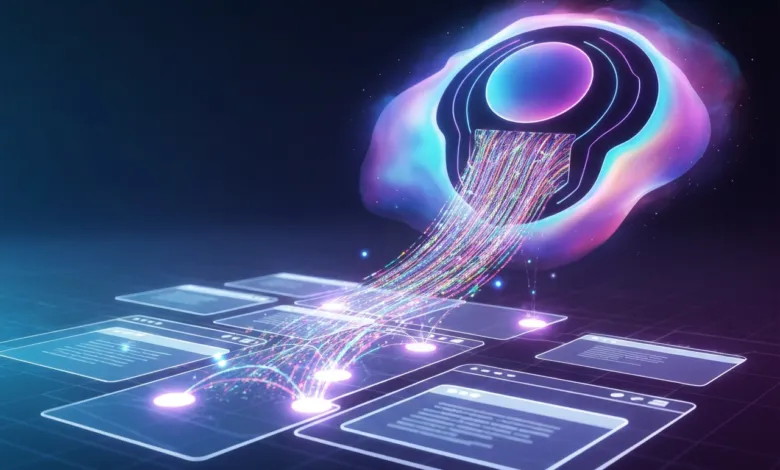 Abstract data flow with colorful streams connecting to transparent screens.