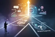 Man with magnifying glass analyzes marketing paths leading to ChatGPT success.