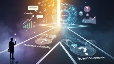 Man with magnifying glass analyzes marketing paths leading to ChatGPT success.