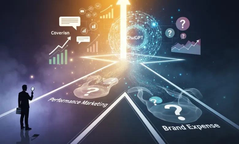 Man with magnifying glass analyzes marketing paths leading to ChatGPT success.