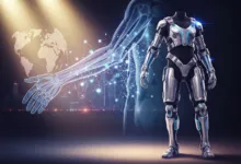 Futuristic cyborg with glowing arm and world map overlay, city backdrop.