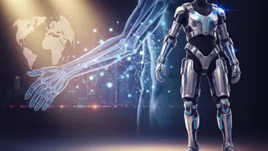 Futuristic cyborg with glowing arm and world map overlay, city backdrop.