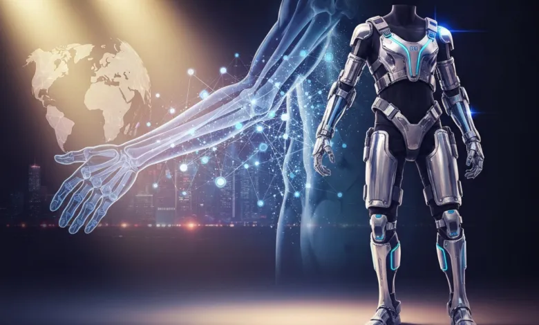 Futuristic cyborg with glowing arm and world map overlay, city backdrop.