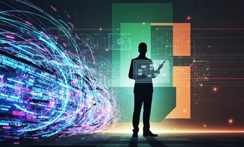 Silhouette of person with digital interface and data streams.