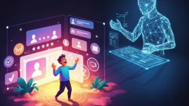 Cartoon man interacts with a glowing AI interface and a wireframe human figure.