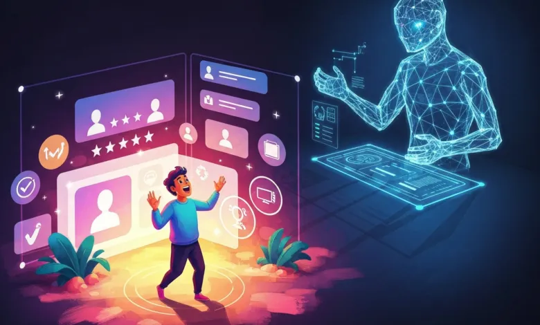 Cartoon man interacts with a glowing AI interface and a wireframe human figure.