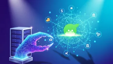 Digital hand emerging from server, connecting to a network of icons.