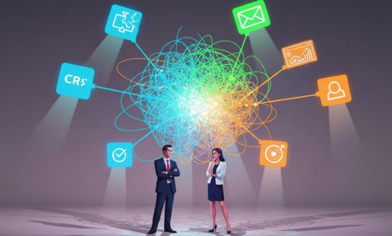 Business professionals standing before a complex network of interconnected icons.