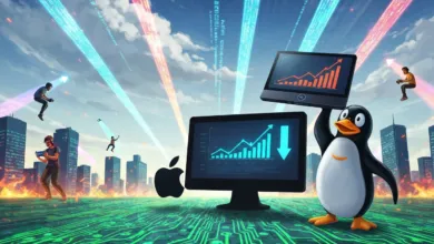 Digital cityscape with penguin, monitors, and people riding data streams.