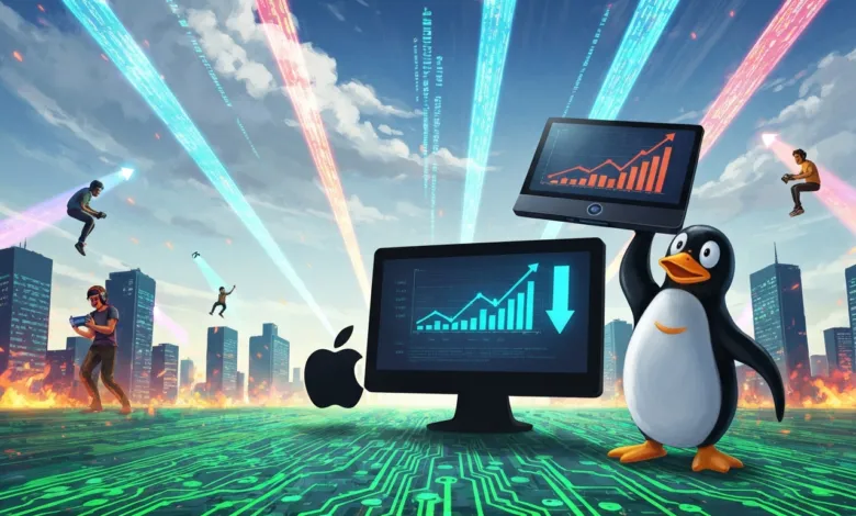 Digital cityscape with penguin, monitors, and people riding data streams.