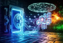 Digital vault with data icons, representing cybersecurity and data protection.