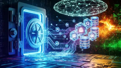 Digital vault with data icons, representing cybersecurity and data protection.