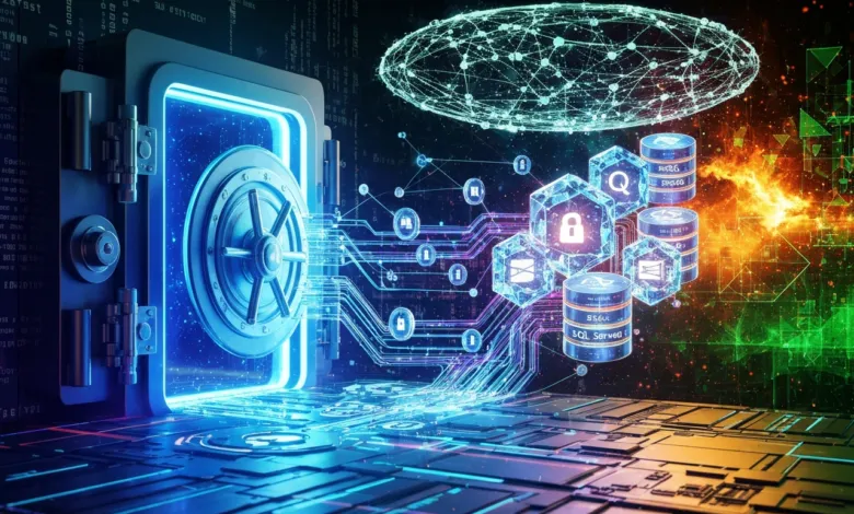 Digital vault with data icons, representing cybersecurity and data protection.