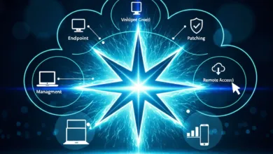 Cloud computing diagram with endpoint security and remote access icons.
