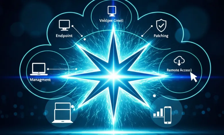 Cloud computing diagram with endpoint security and remote access icons.