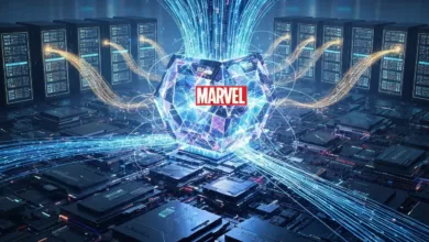 Marvel logo inside a glowing crystal surrounded by servers and data streams.
