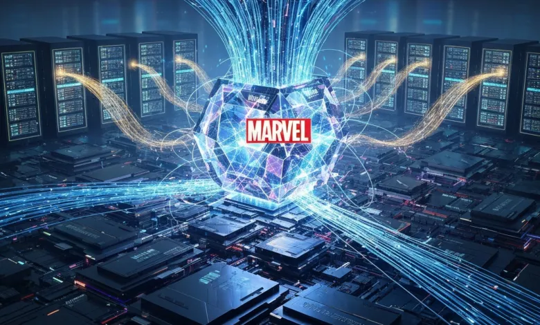 Marvel logo inside a glowing crystal surrounded by servers and data streams.