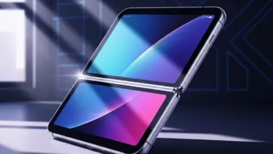 Foldable smartphone with dual screens displaying vibrant blue and purple gradients.