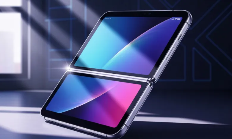 Foldable smartphone with dual screens displaying vibrant blue and purple gradients.