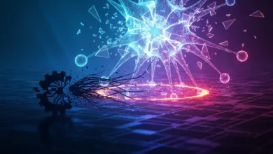 Abstract digital art: glowing neuron, gear, circuit board, blue and purple hues.