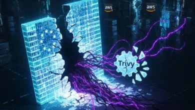 Digital buildings with AWS logos being disrupted by Trivy, purple energy flowing.