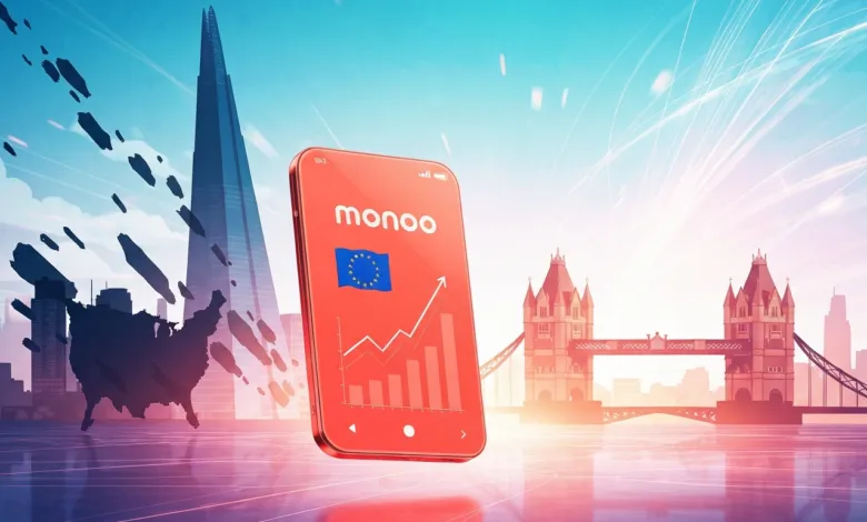 Red phone with 'monoo' logo, EU flag, and rising graph against London skyline.