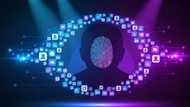 Silhouette of head with fingerprint and social media icons forming an eye shape.