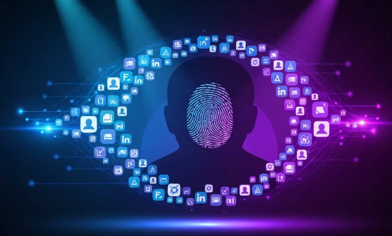 Silhouette of head with fingerprint and social media icons forming an eye shape.
