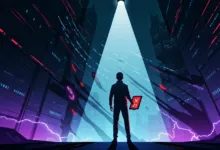 Person stands in futuristic city holding tablet with red 'X' symbol.