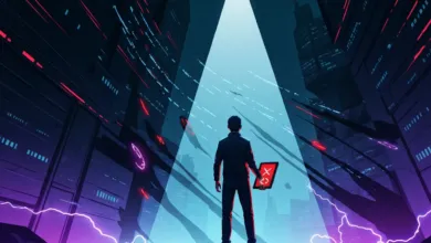 Person stands in futuristic city holding tablet with red 'X' symbol.