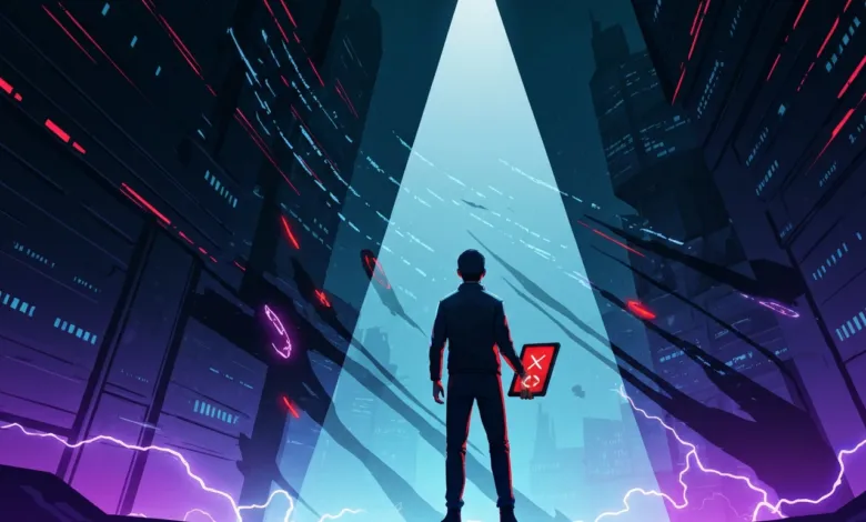 Person stands in futuristic city holding tablet with red 'X' symbol.