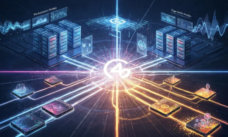 Abstract 4G network visualization with servers and connected devices.