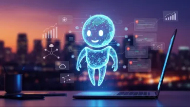 Glowing blue AI robot hovers above laptop with data visualizations against city skyline.