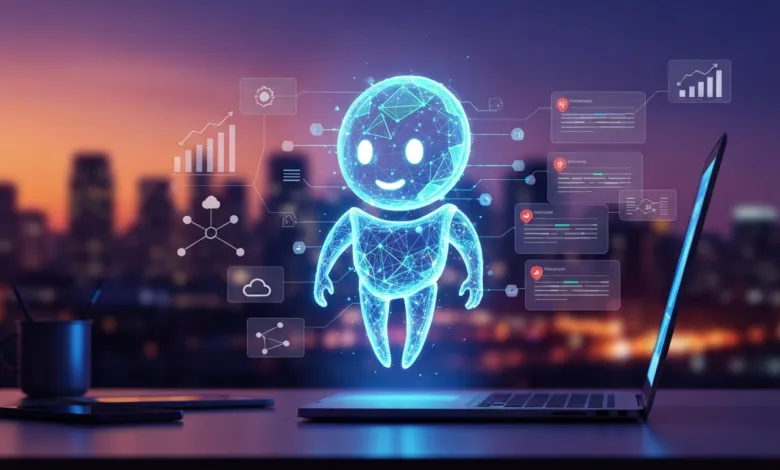 Glowing blue AI robot hovers above laptop with data visualizations against city skyline.