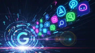 Glowing 'G' logo surrounded by app icons and question marks on a dark background.