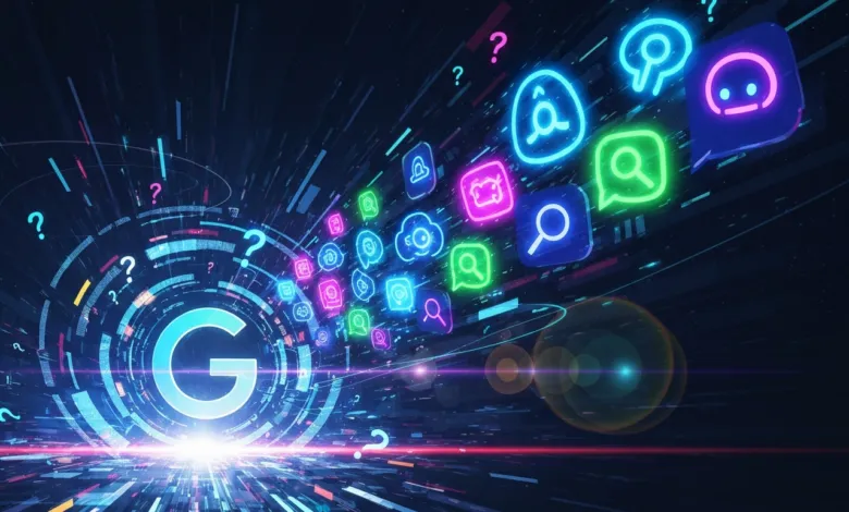 Glowing 'G' logo surrounded by app icons and question marks on a dark background.